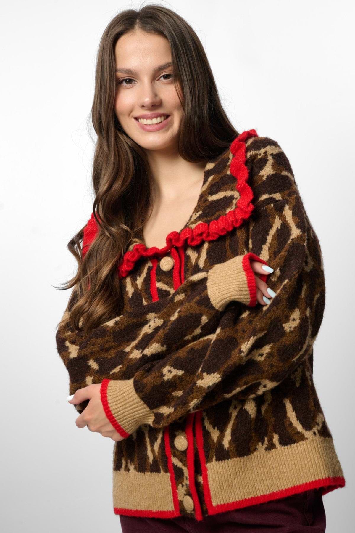 Leopard Collar Button Cardigan - Brown
