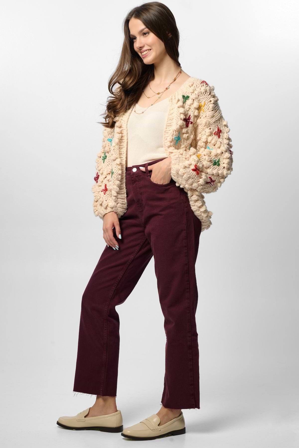 Knitted Cardigan Cross Pom Pom - Ivory