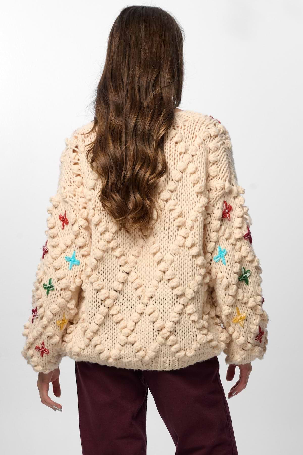Knitted Cardigan Cross Pom Pom - Ivory