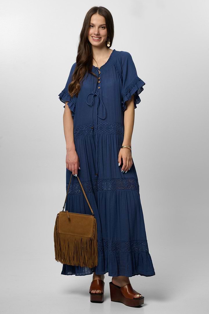 Cotton Long Kaftan Dress - Navy