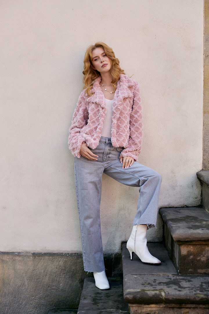 Diamond Patterned Collared Short Jacket - Blush