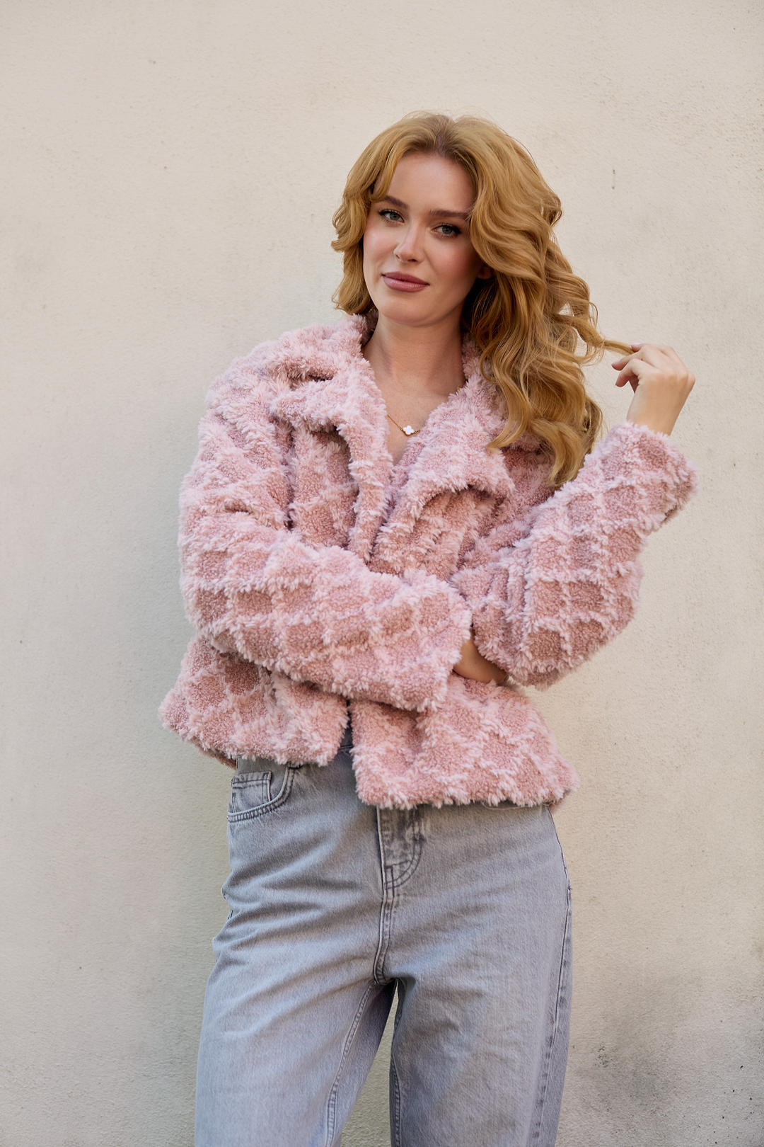 Diamond Patterned Collared Short Jacket - Blush