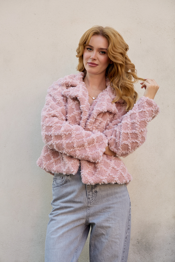 Diamond Patterned Collared Short Jacket - Blush