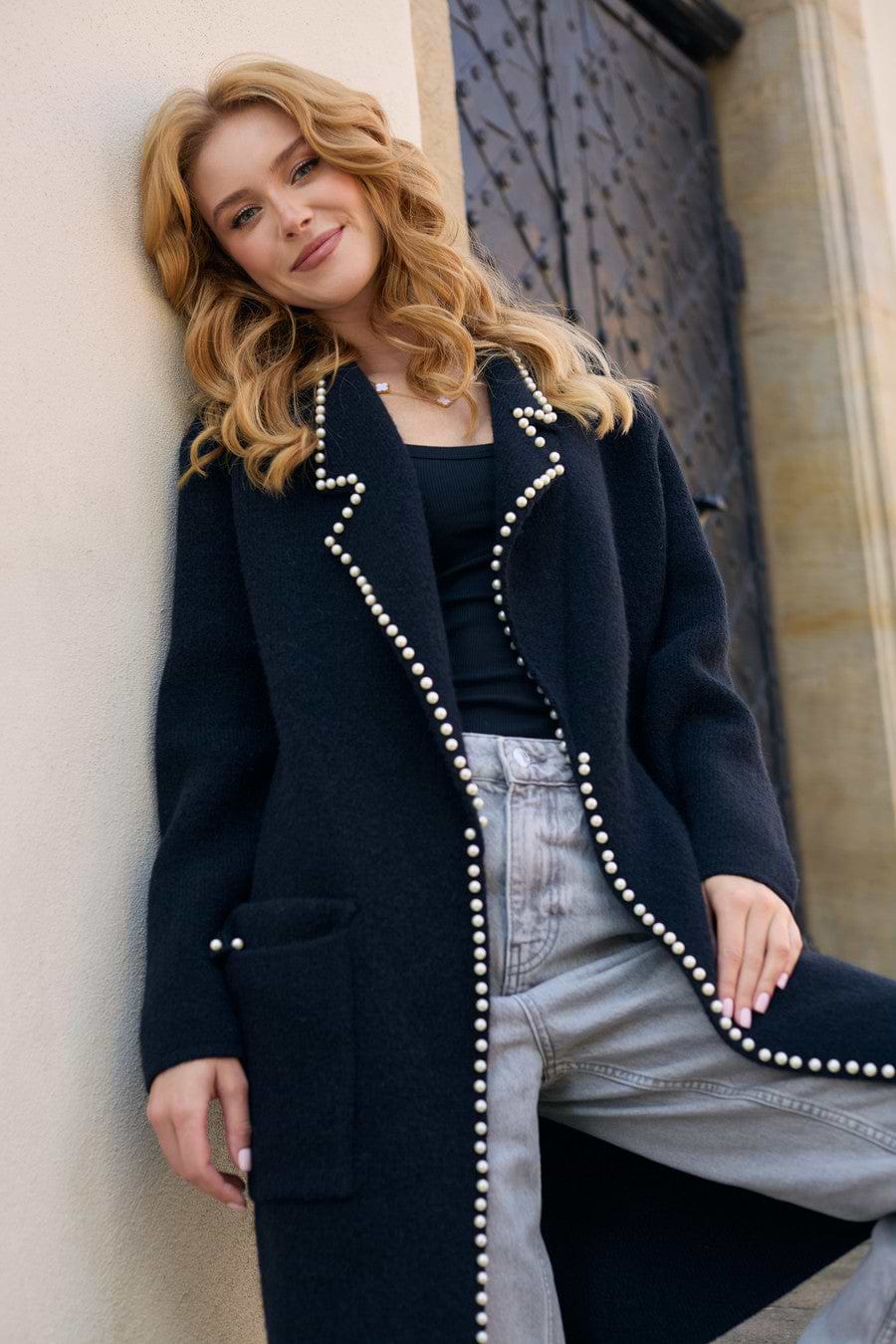 Pearl Trim Long Knit Blazer - Black