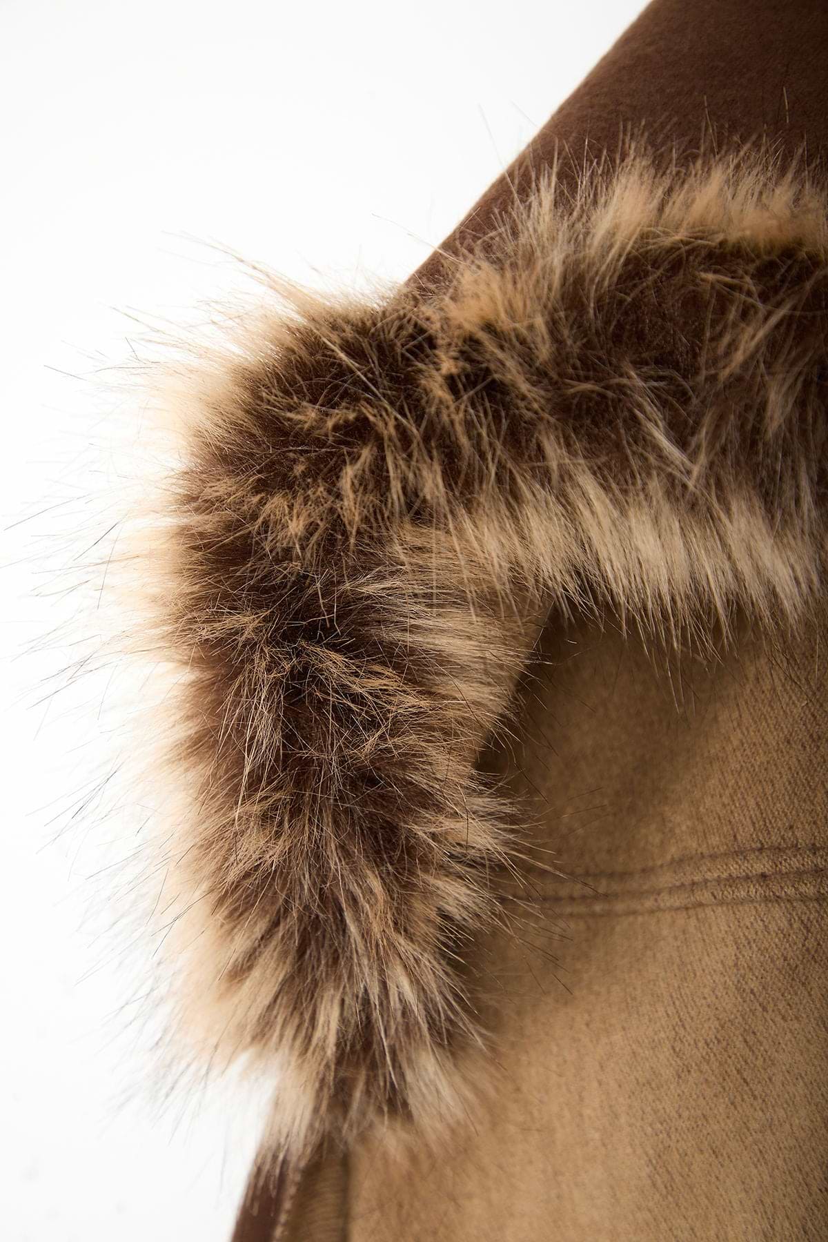 Fringe Fur Hood Scarf - Brown