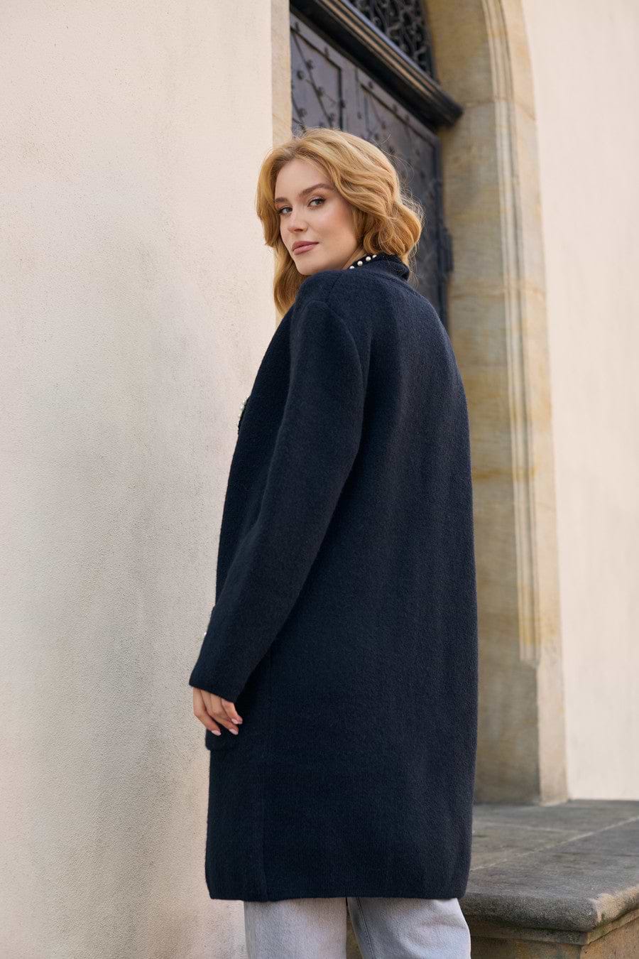 Pearl Trim Long Knit Blazer - Black