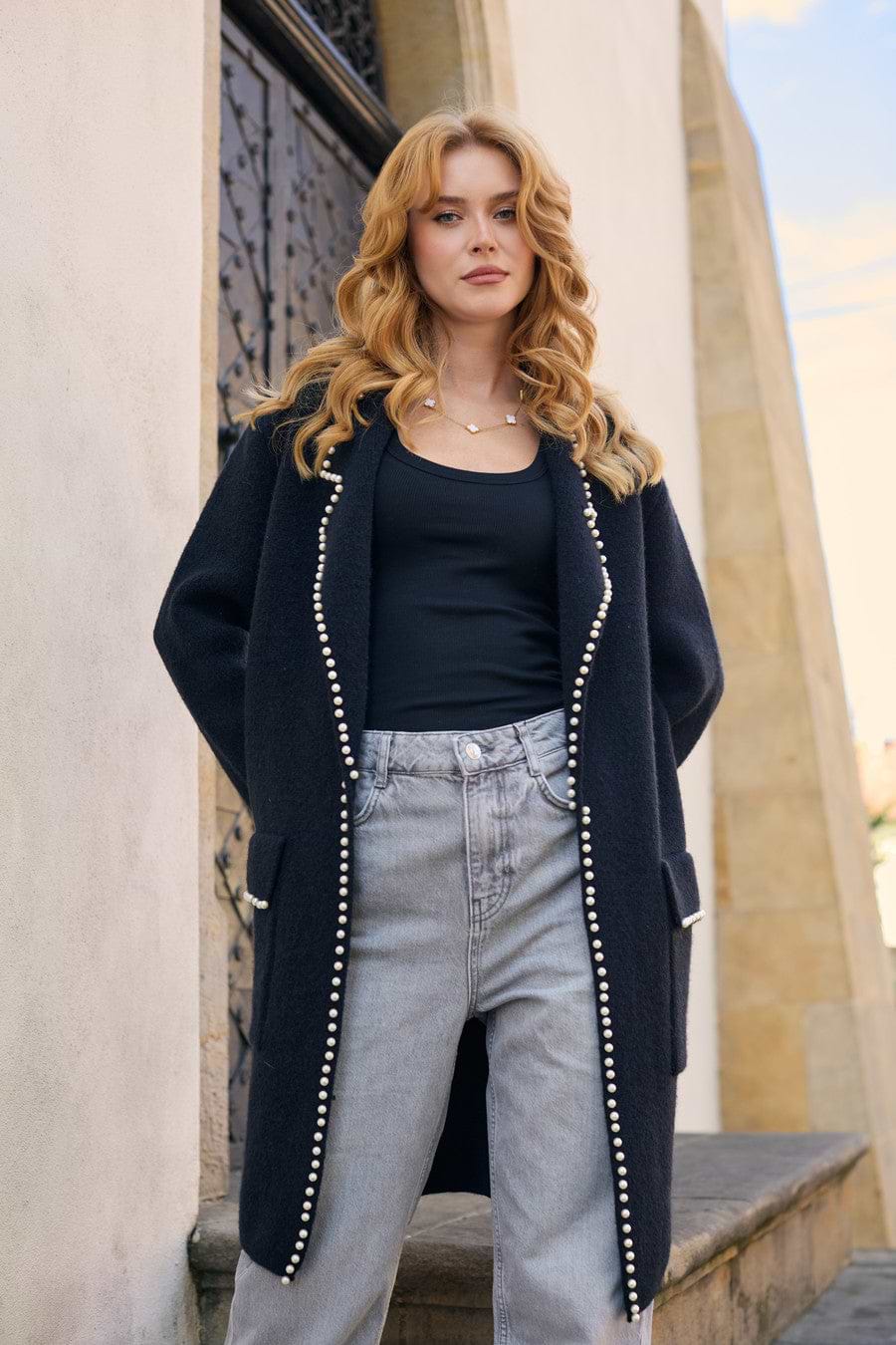 Pearl Trim Long Knit Blazer - Black