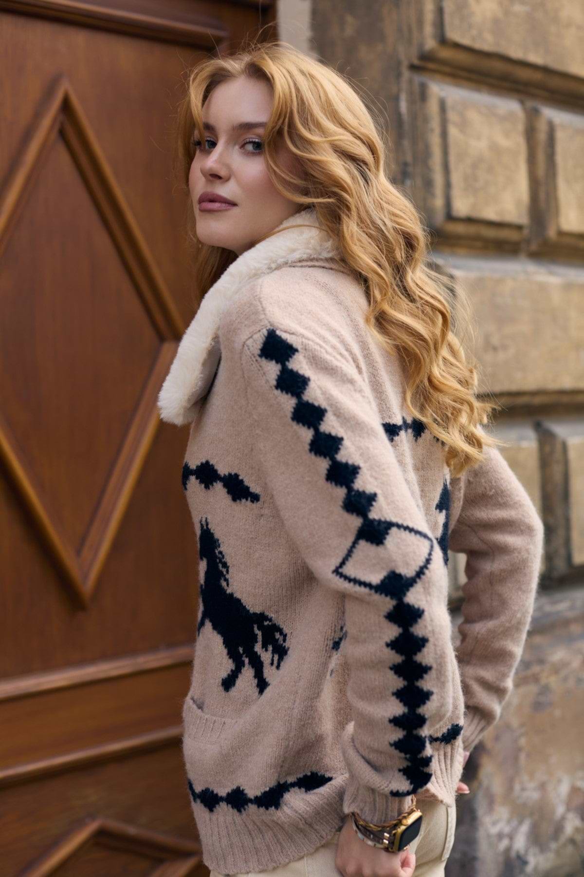 Fur Collar Horse Knit Jacket - Beige