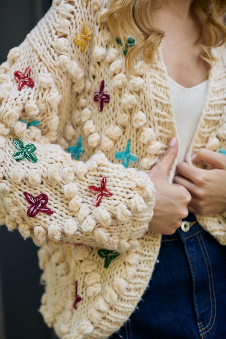 Knitted Cardigan Cross Pom Pom - Ivory