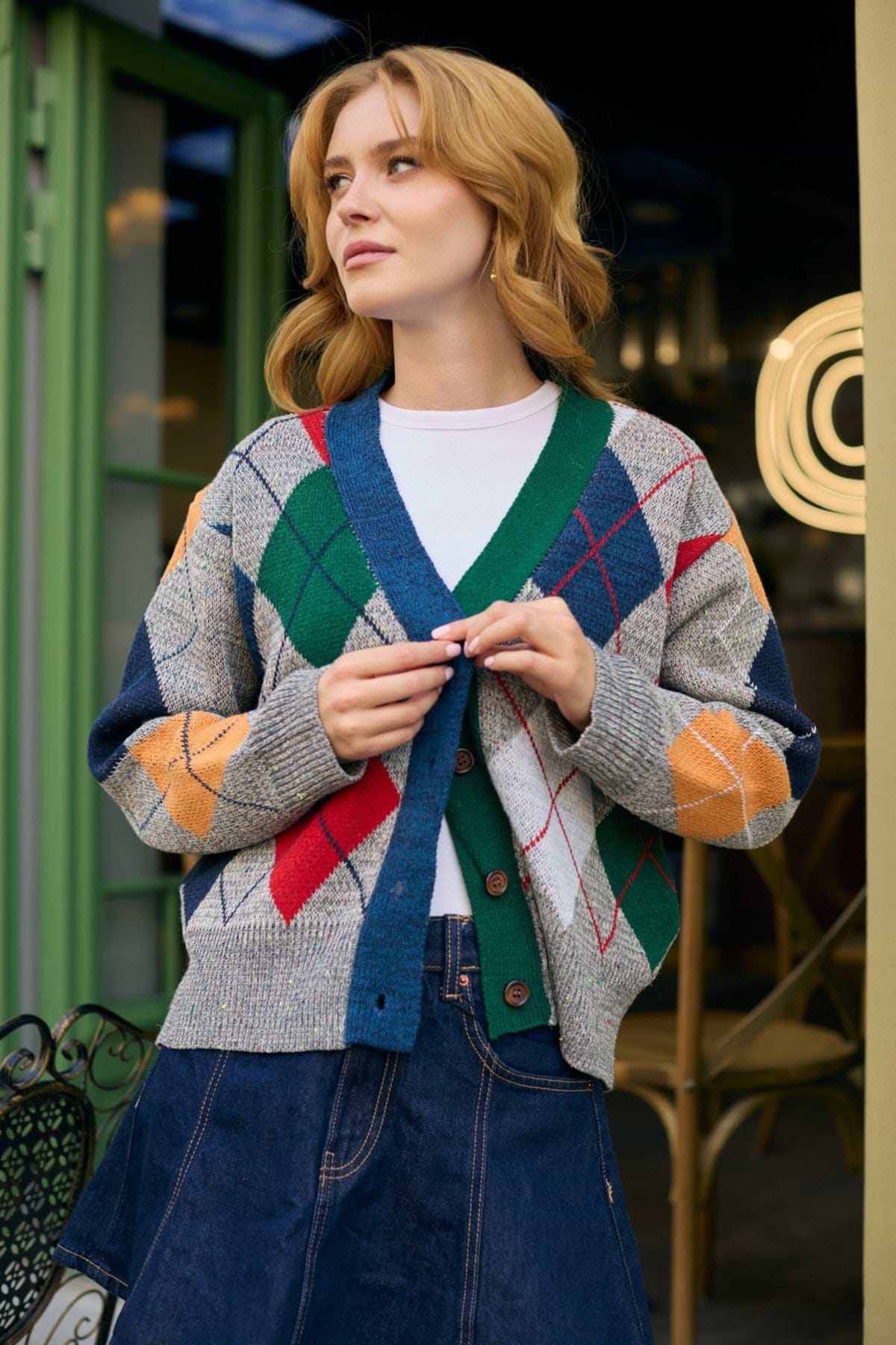 Classic Colorful Argyle Cardi - Grey