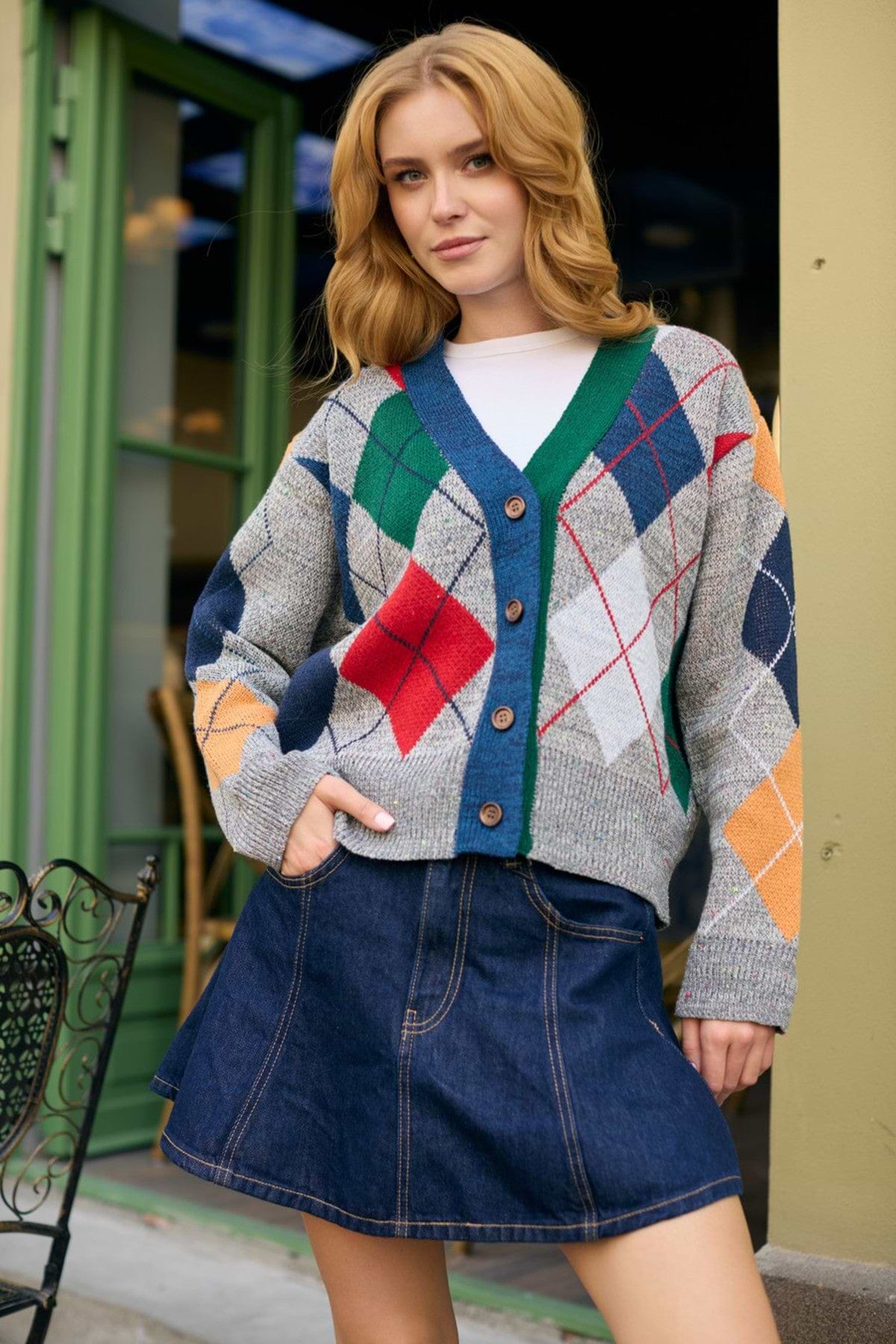 Classic Colorful Argyle Cardi - Grey