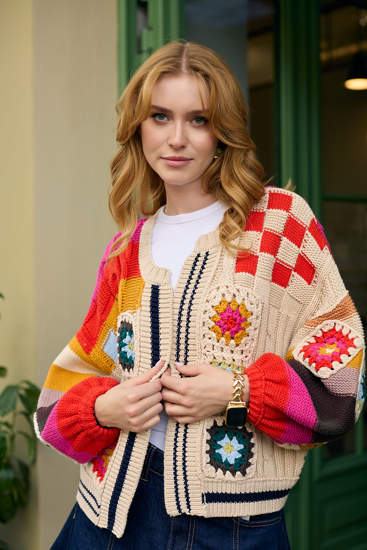 Square Checkered Multi Pattern Cardigan - Multi
