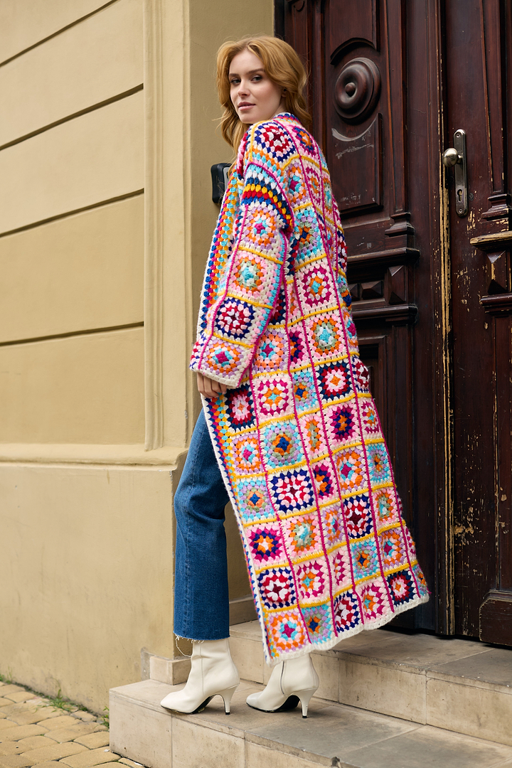 Crochet Multicolored Square Kimono - Ivory