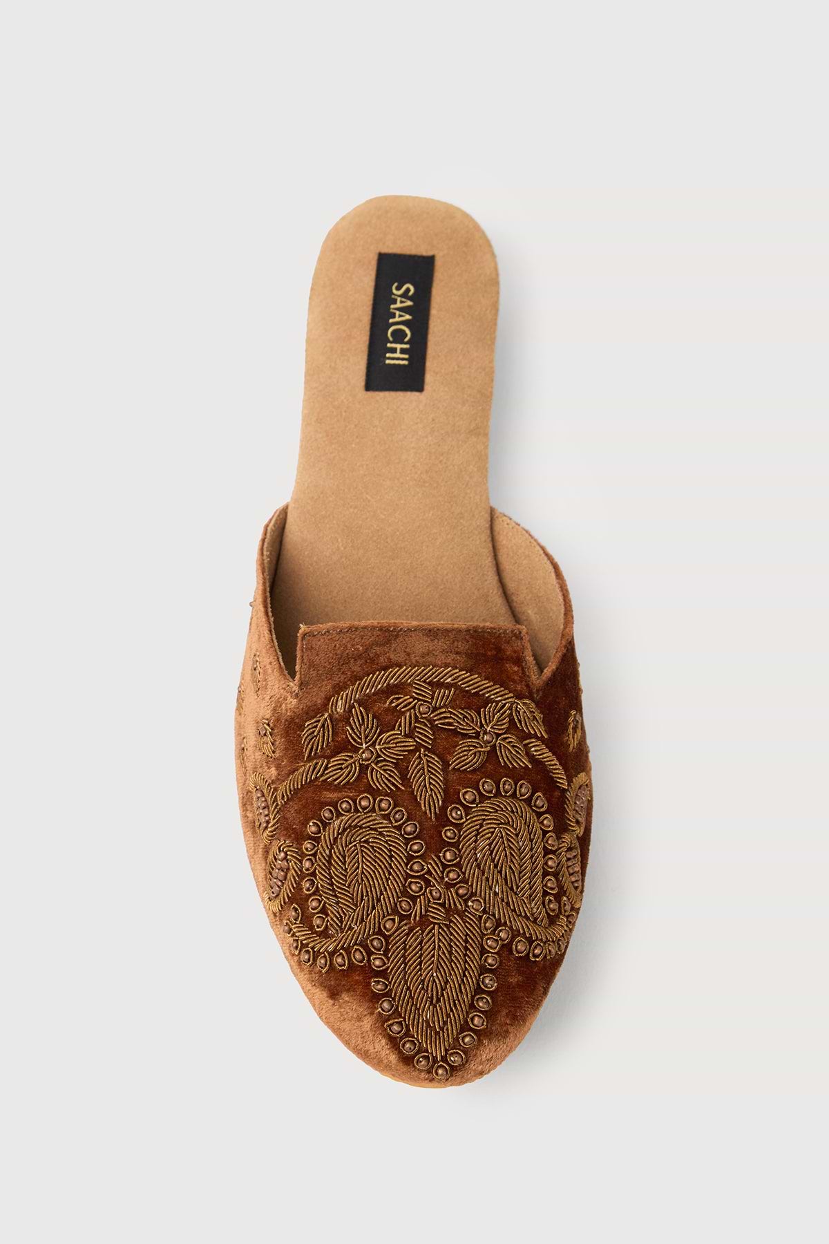 Bronze Embroidered Velvet Mules - Brown