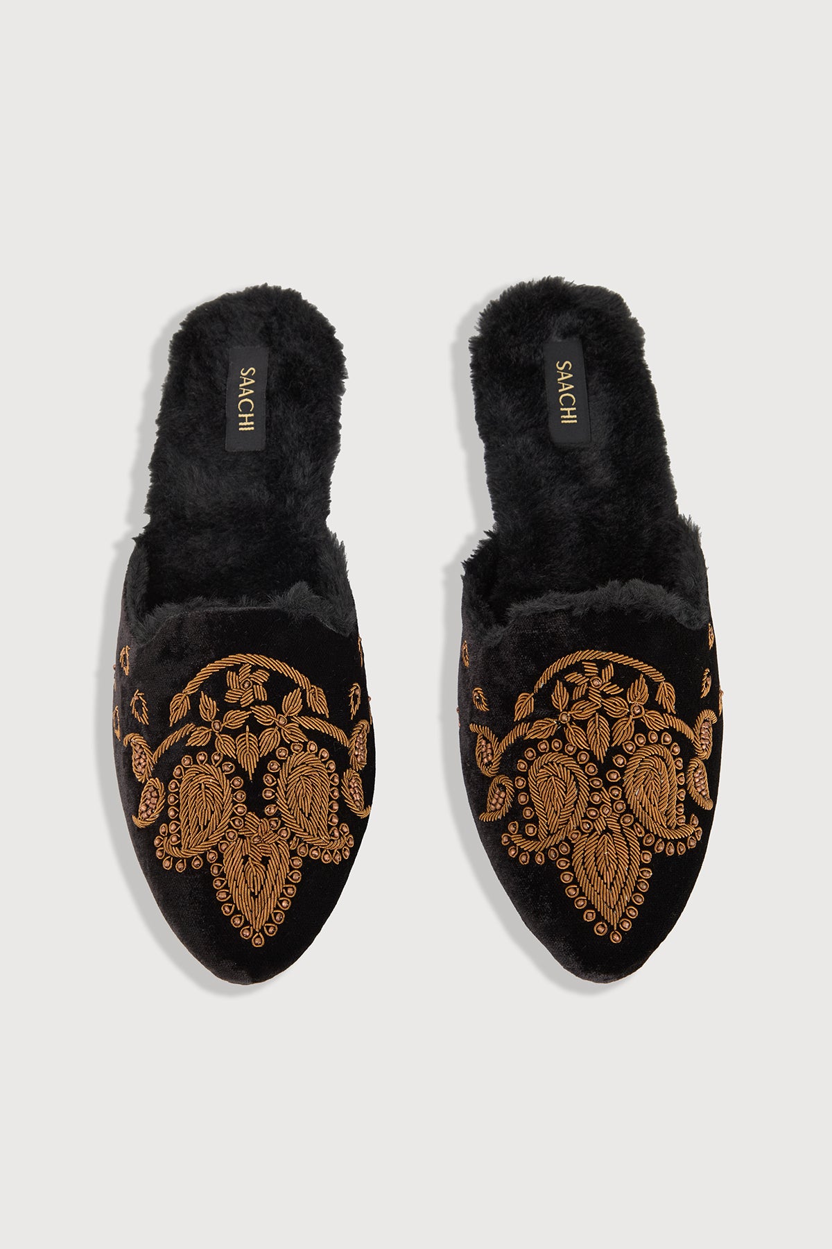 Golden Paisley Fur Mules - Black