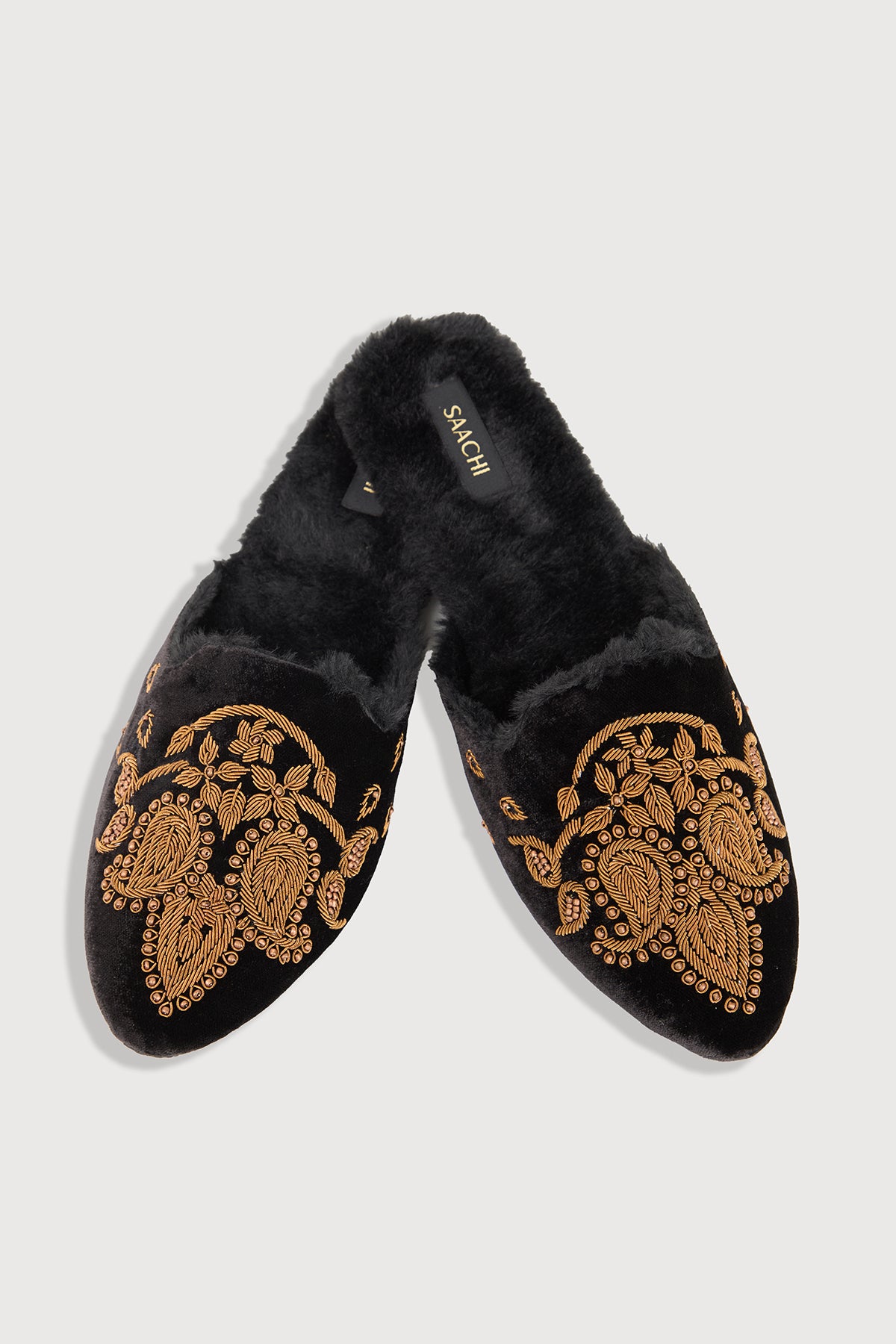 Golden Paisley Fur Mules - Black