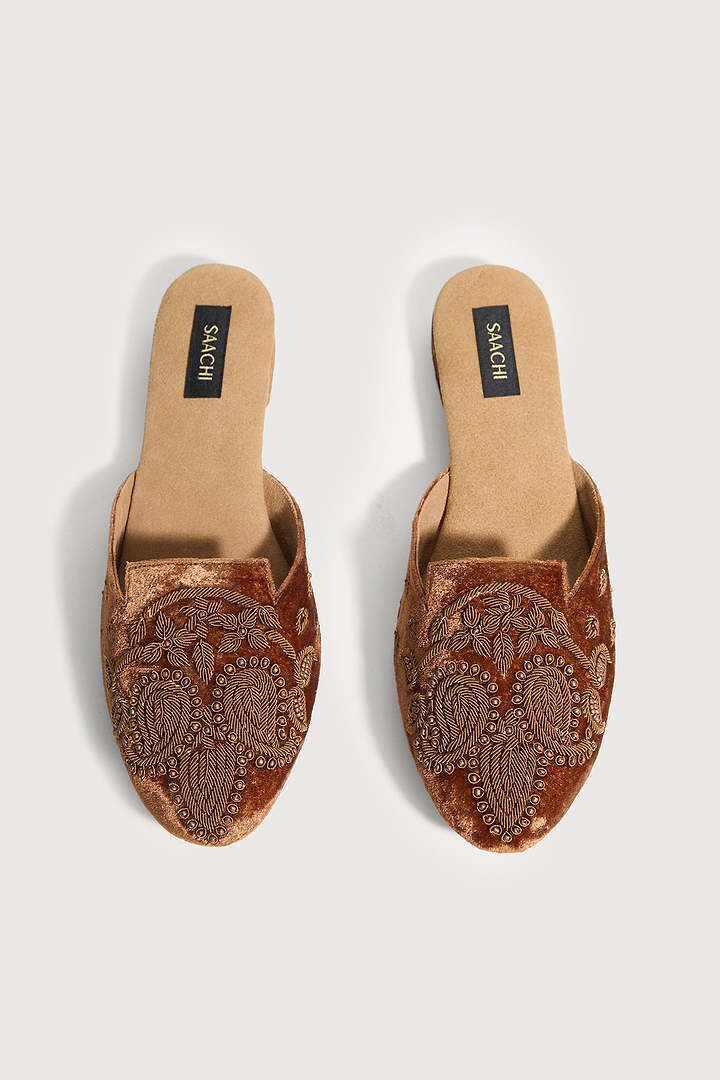Bronze Embroidered Velvet Mules - Brown