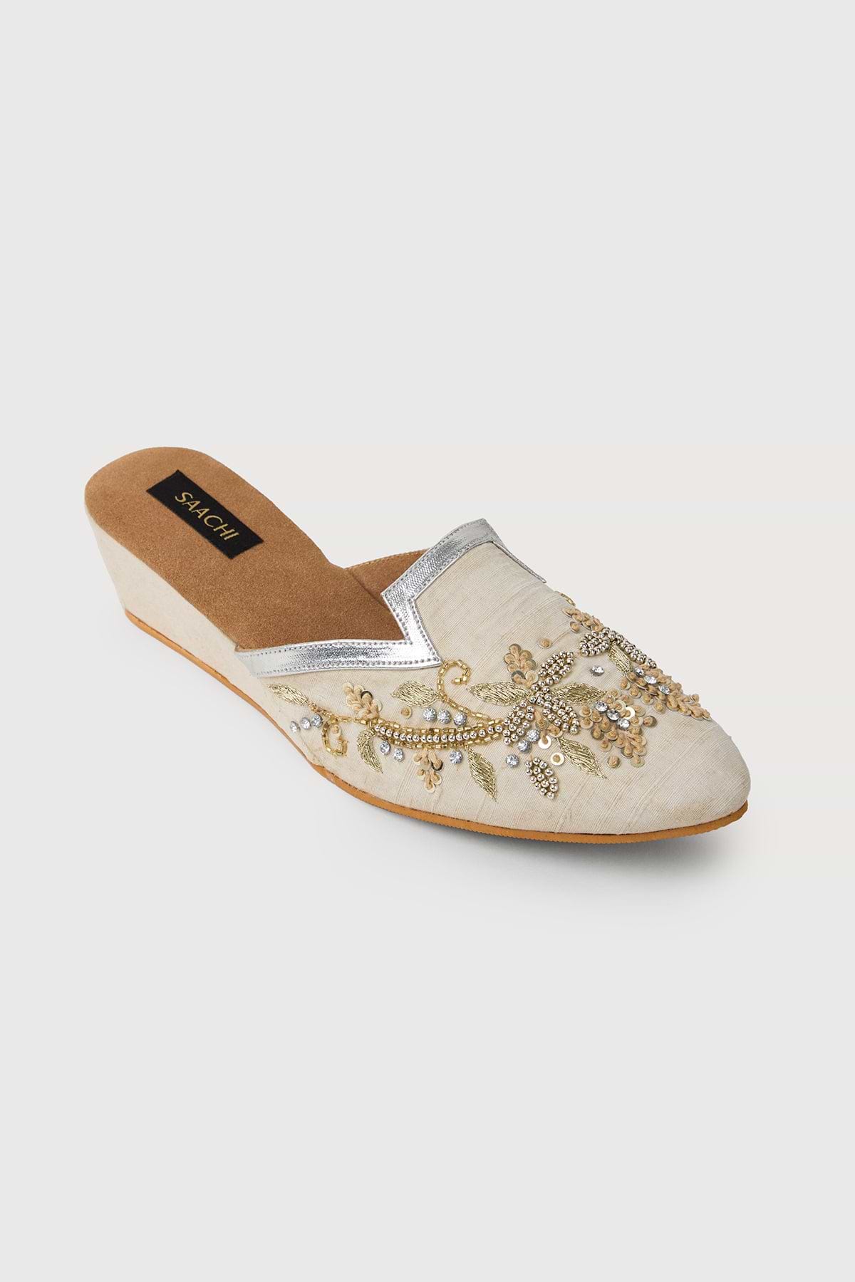 Floral Embellished Trim Mules - Ivory