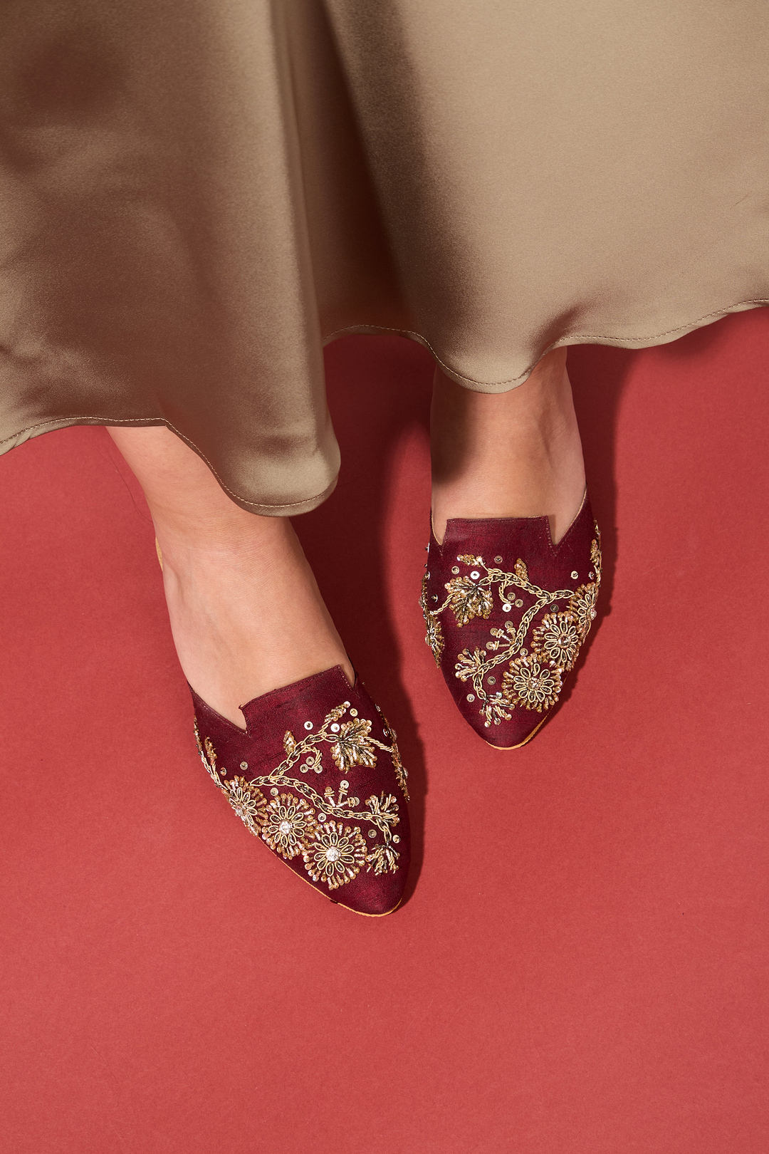 Bordeaux Floral Embellished Mules - Maroon