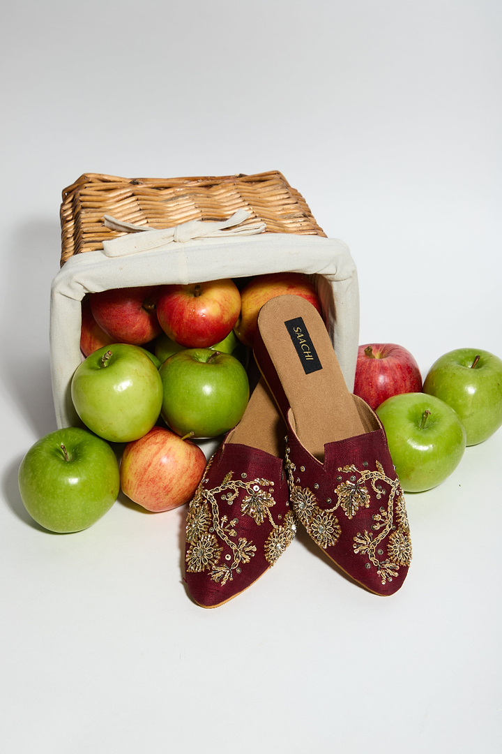 Bordeaux Floral Embellished Mules - Maroon