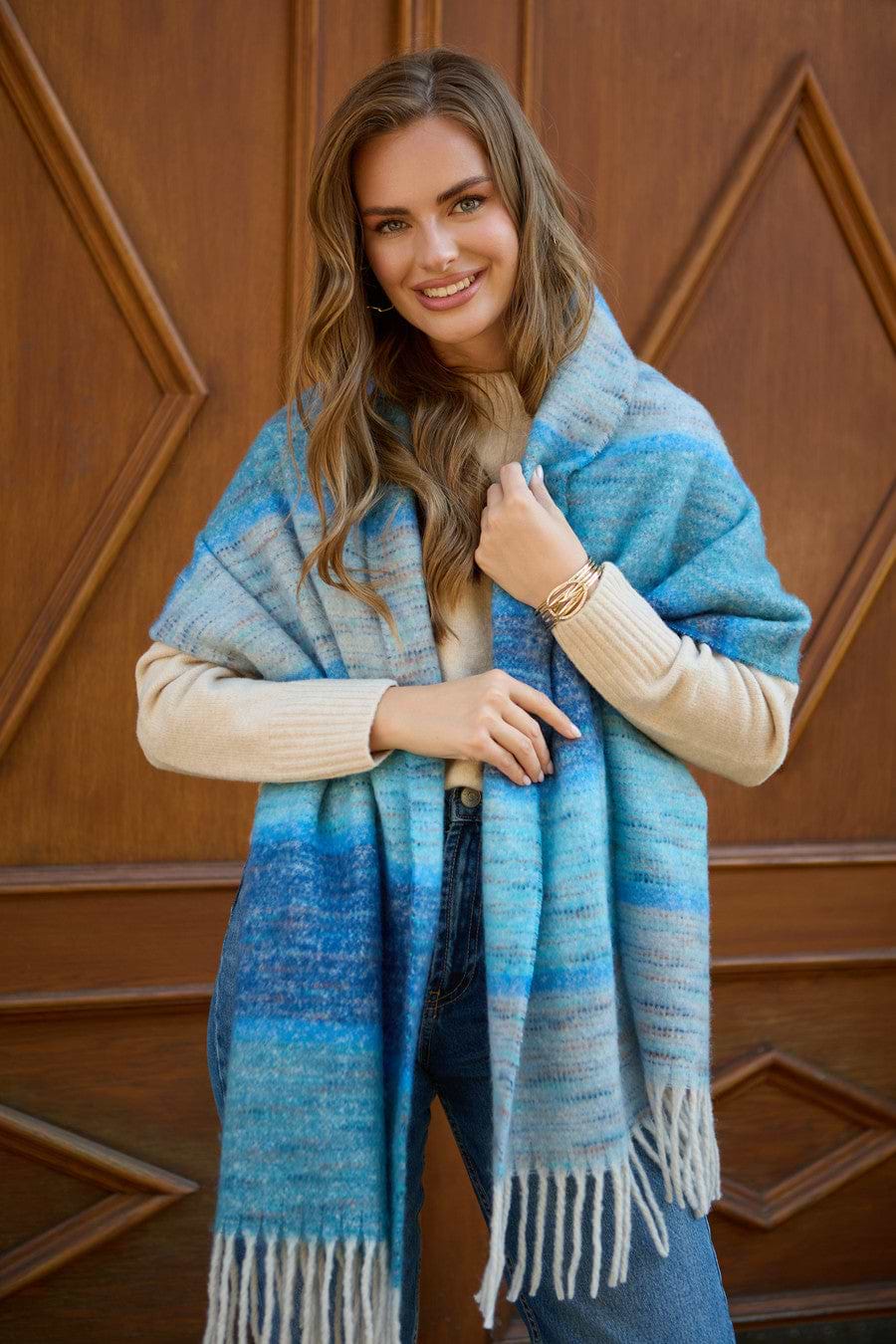 Cozy Oversized Fringe Scarf - Blue