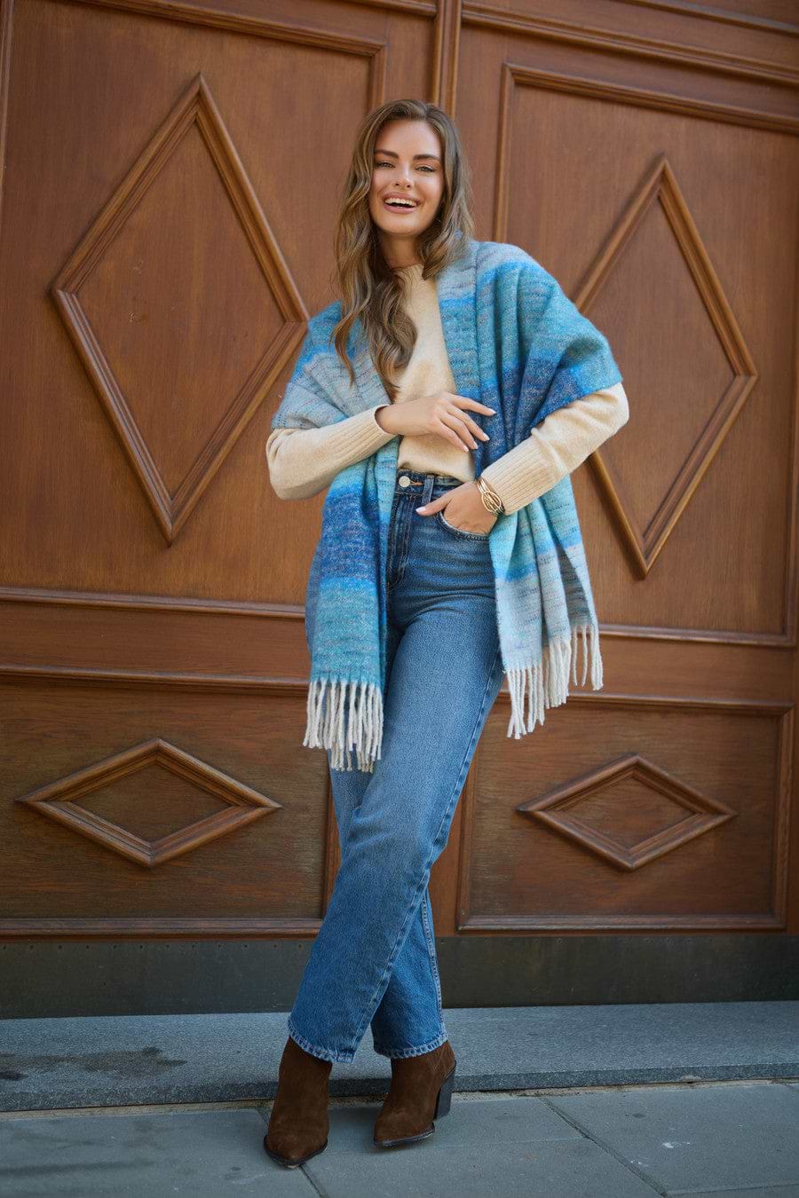 Cozy Oversized Fringe Scarf - Blue