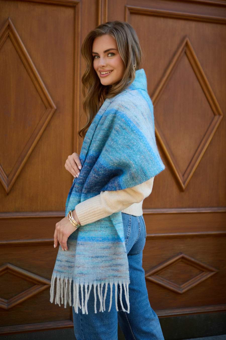 Cozy Oversized Fringe Scarf - Blue