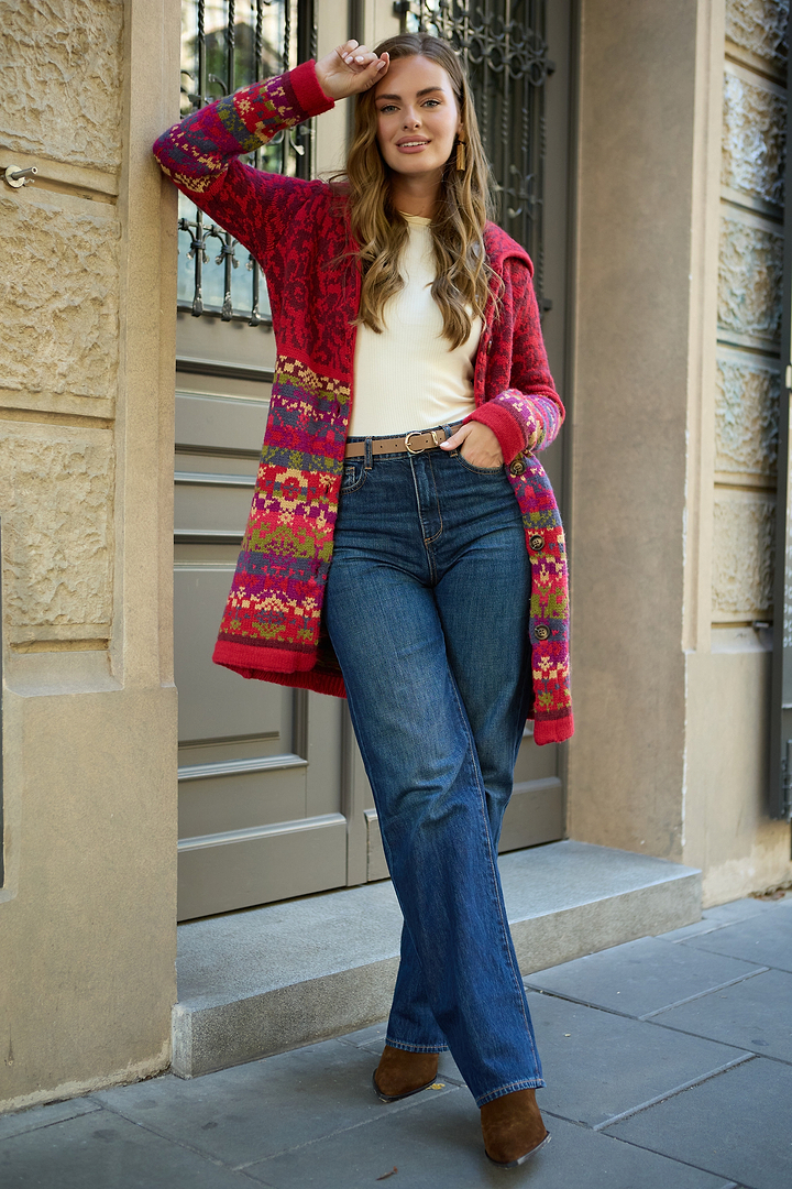 Fair Isle Nordic Long Cardigan - Red Multi