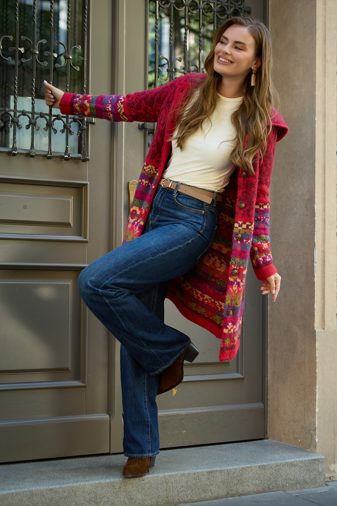 Fair Isle Nordic Long Cardigan - Red Multi