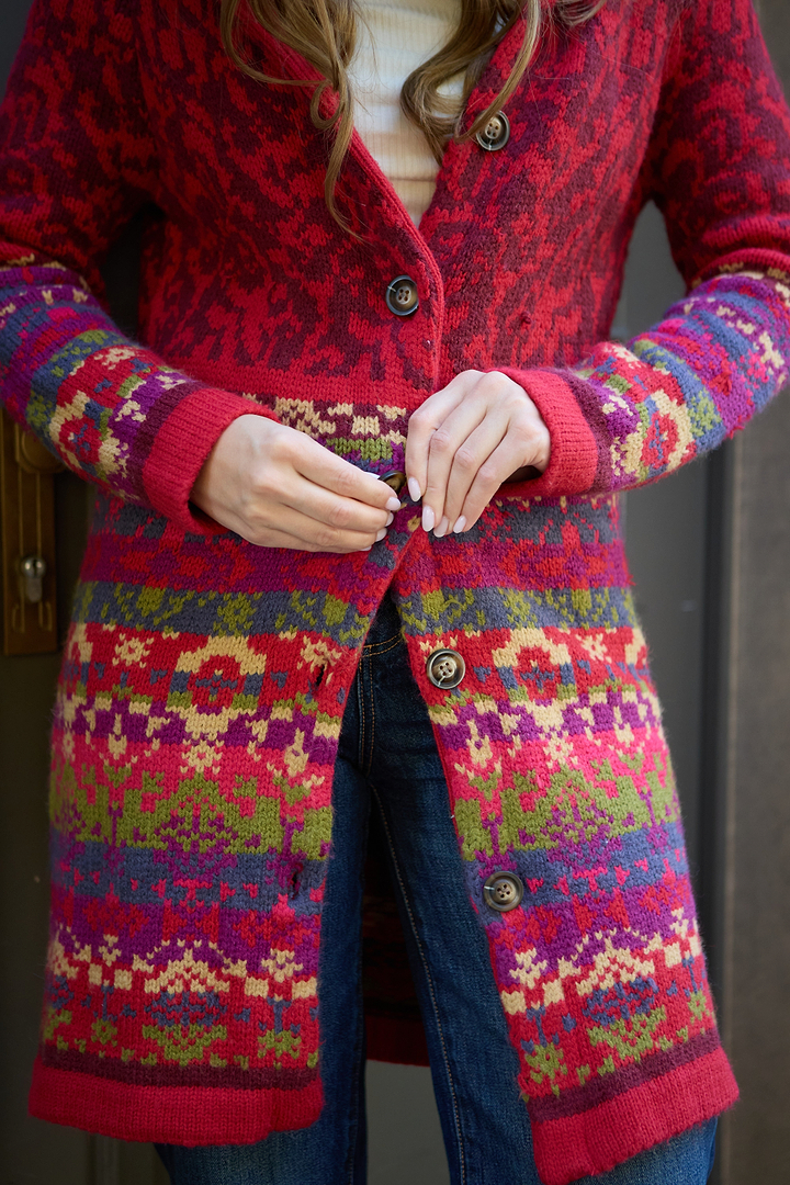 Fair Isle Nordic Long Cardigan - Red Multi
