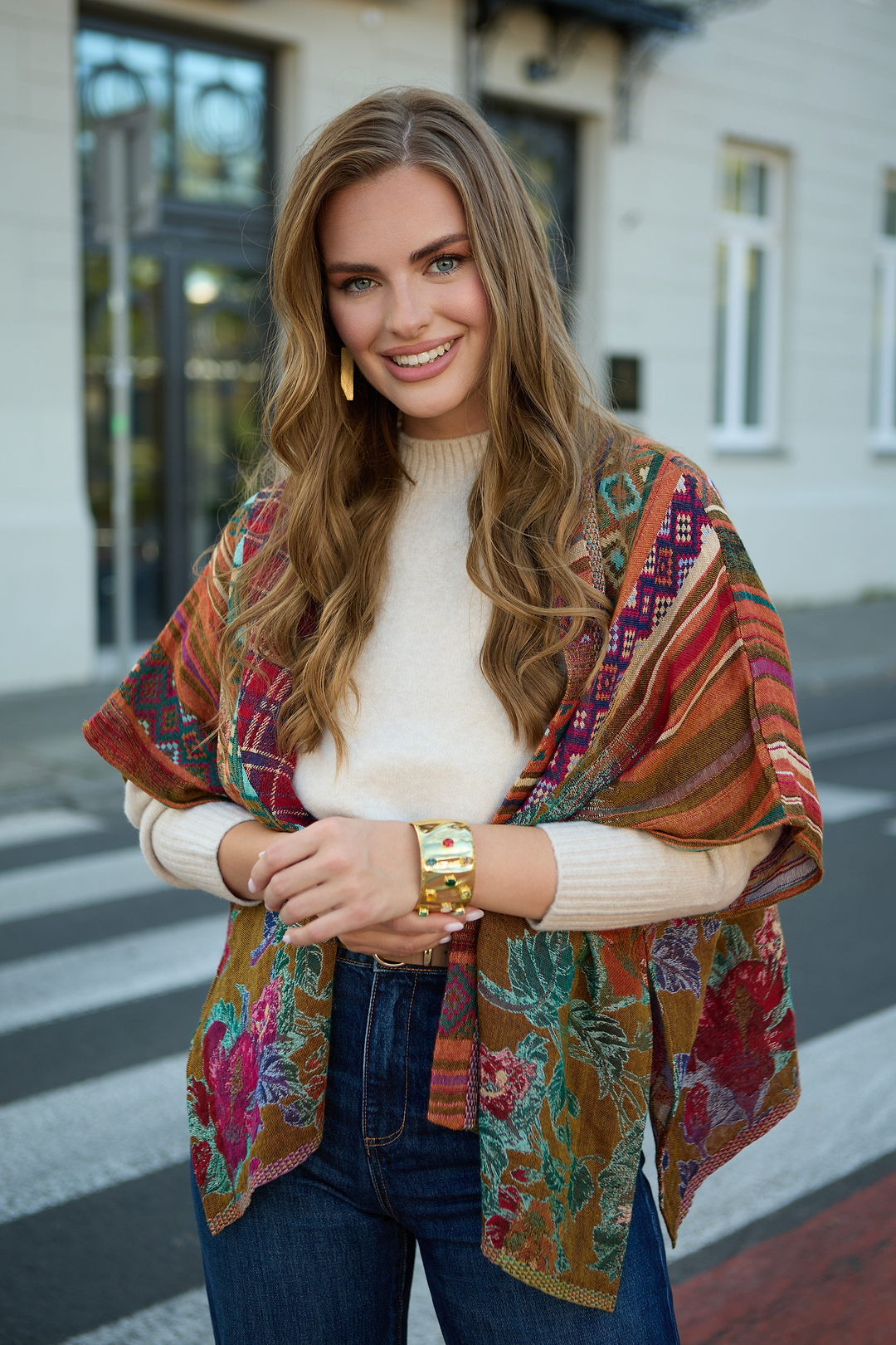 Floral Geometric Short Open Poncho - Light Multi
