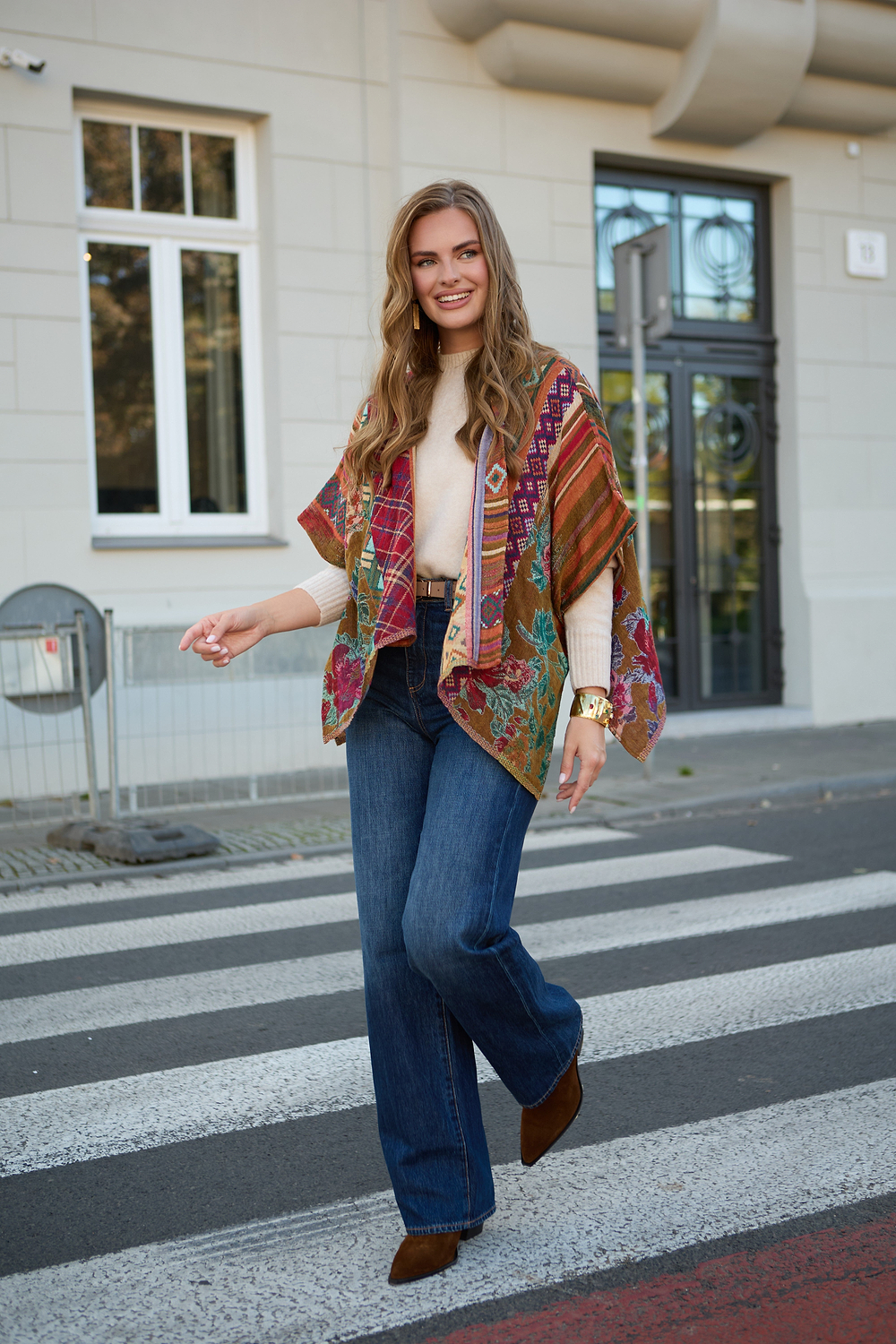 Floral Geometric Short Open Poncho - Light Multi