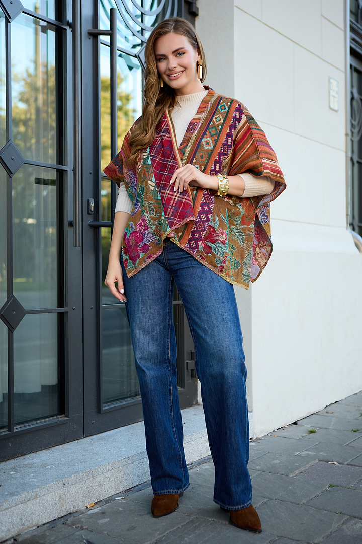 Floral Geometric Short Open Poncho - Light Multi