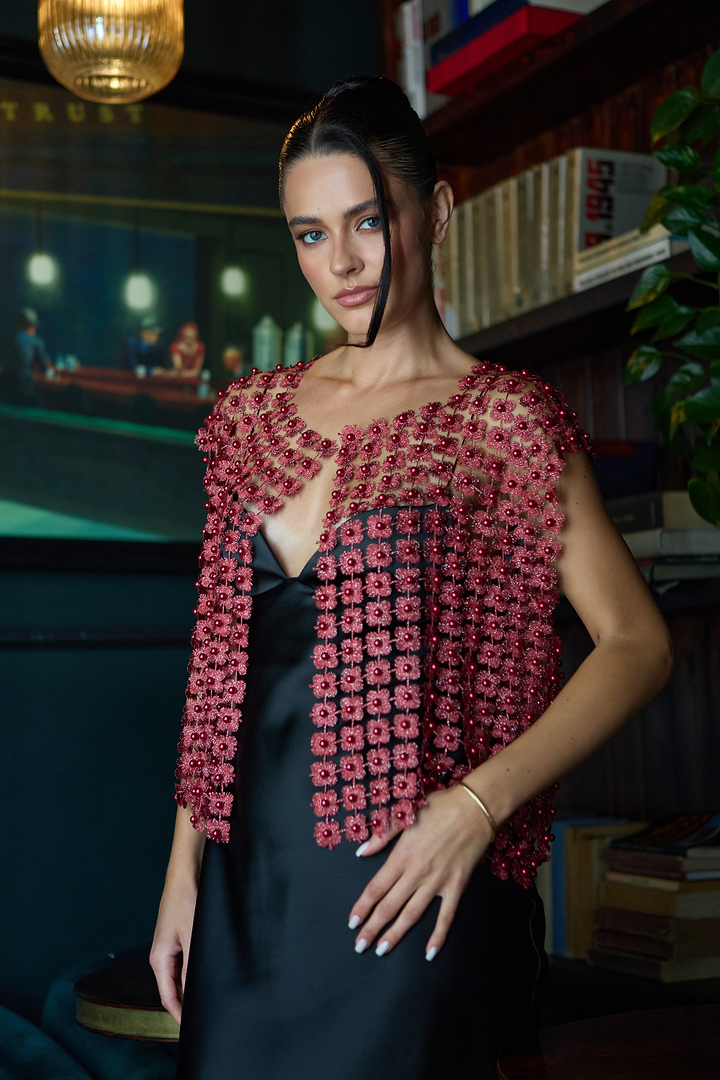 Floral Shell Pearl Capelet - Burgundy