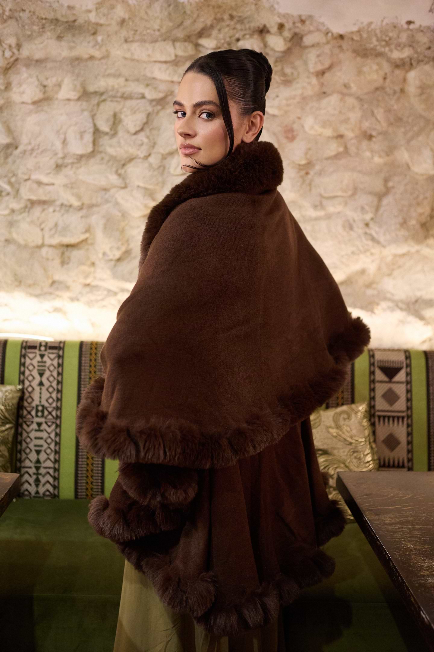 Layered Kimono Faux Fur Cape - Brown