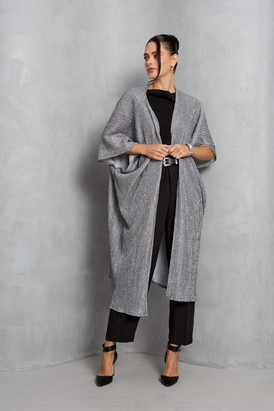 Pleated Metallic Kimono - Gunmetal