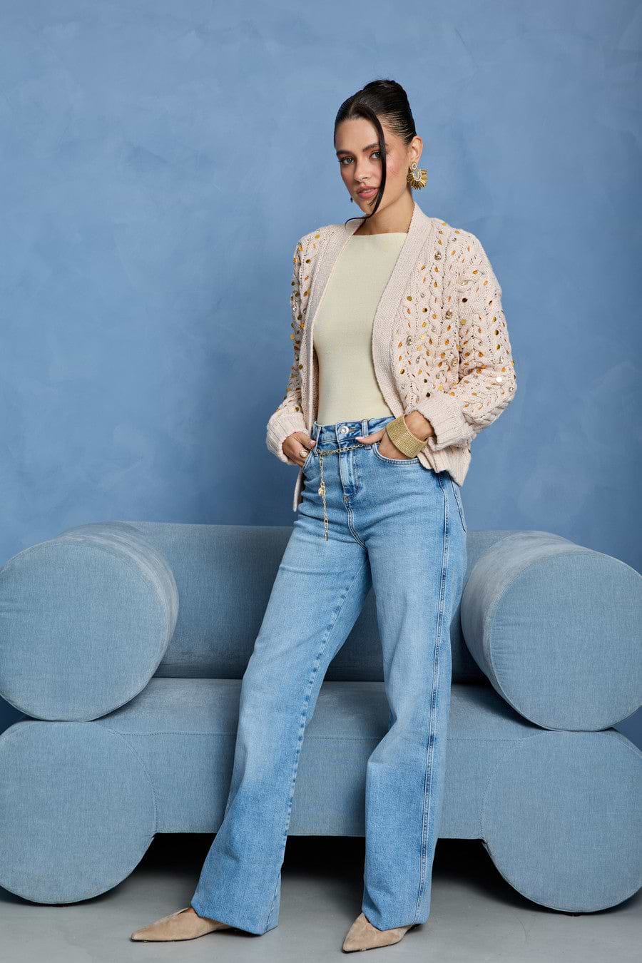 Deco Cable Knit Cardigan - Cream