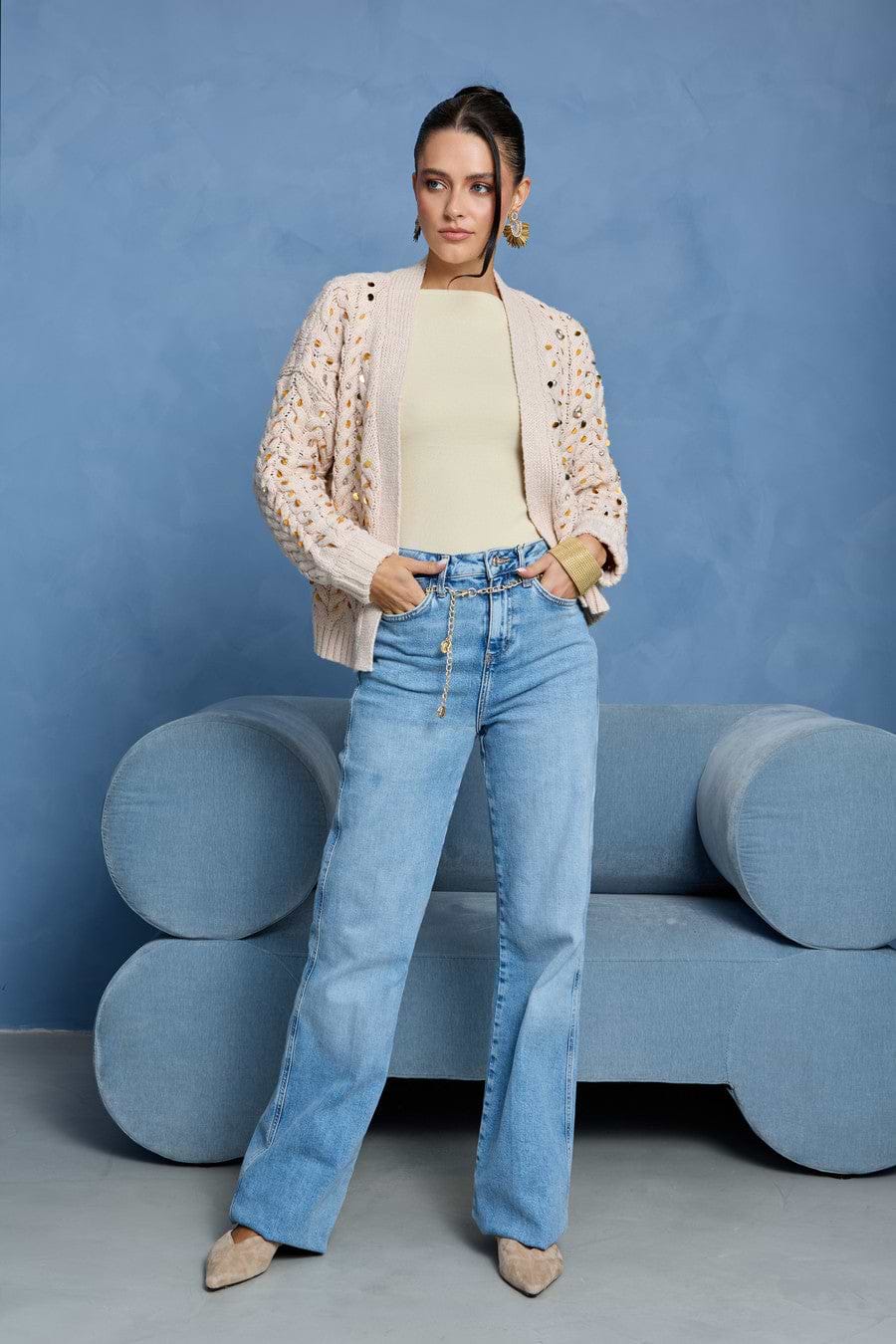 Deco Cable Knit Cardigan - Cream