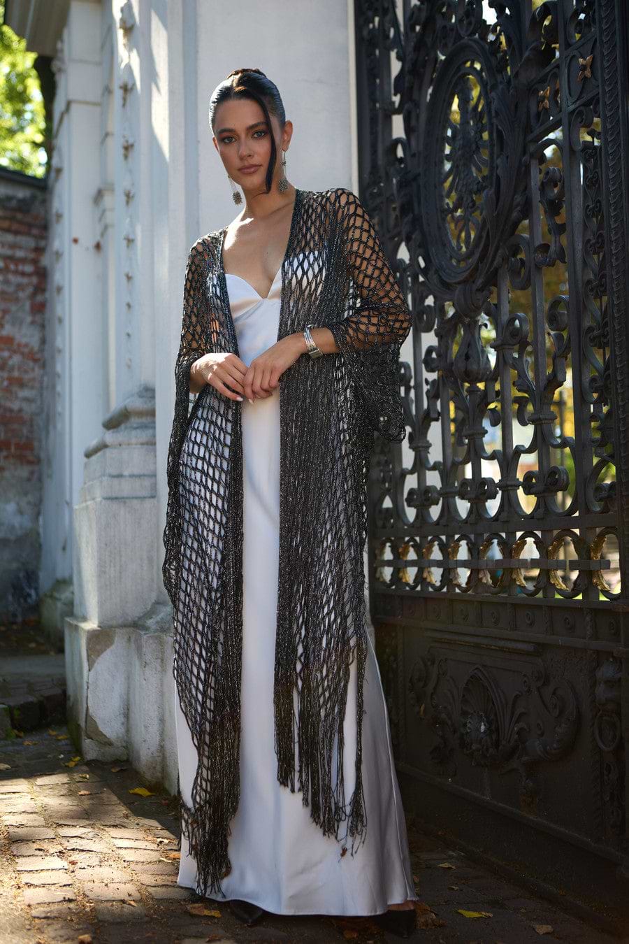 Metallic Fringe Kimono - Black
