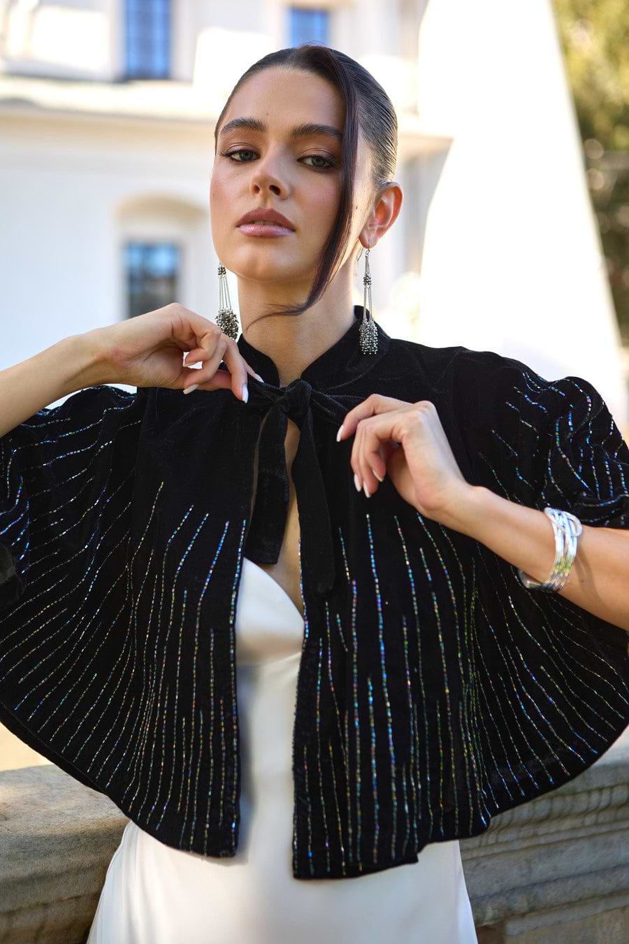 Velvet Crush Embellished Capelet - Black