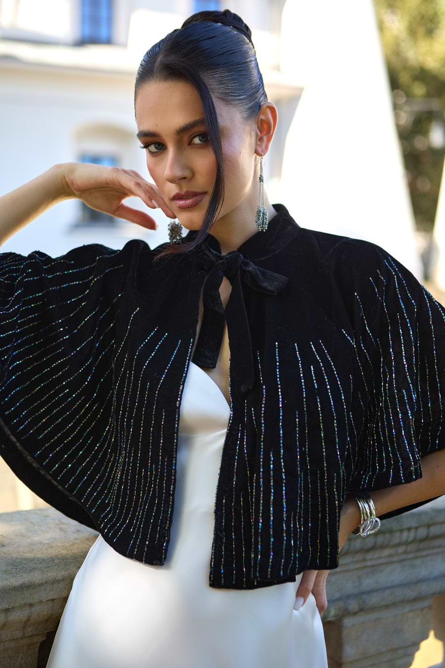Velvet Crush Embellished Capelet - Black