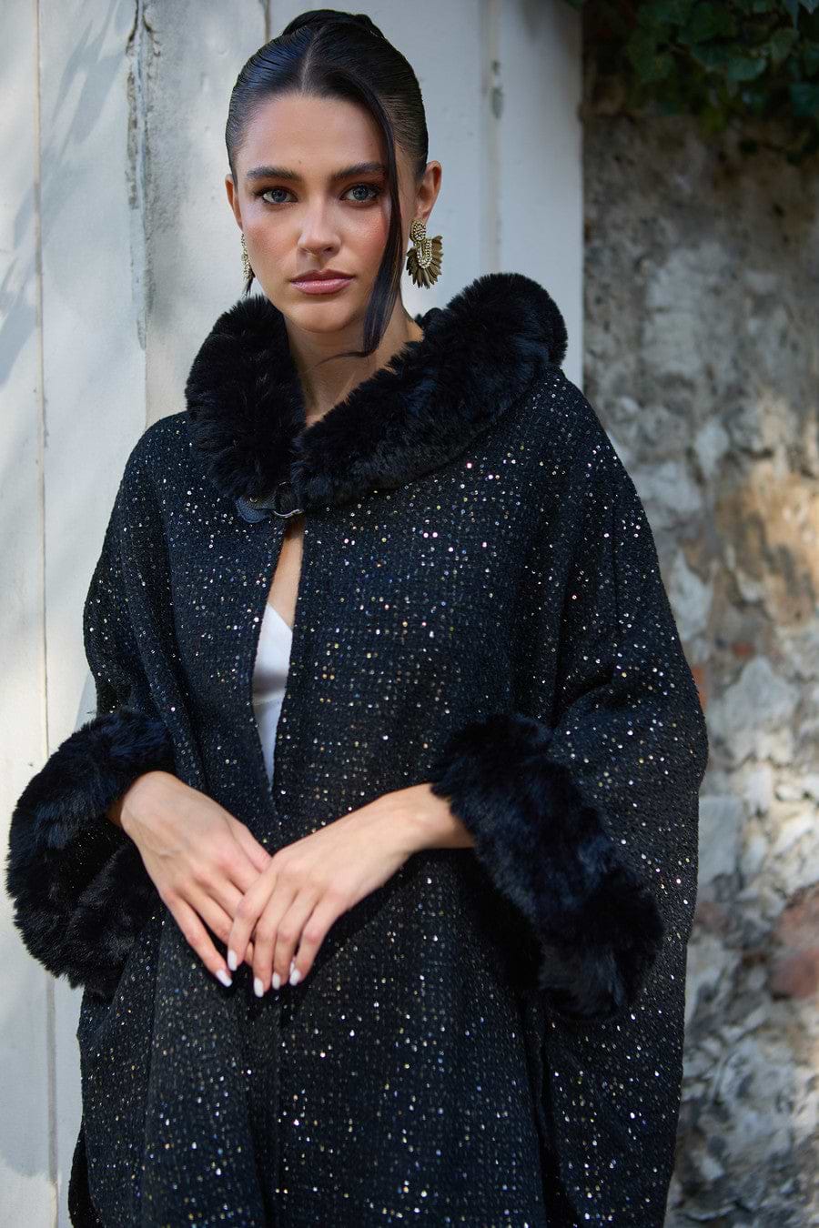 Sequin Kimono Faux Fur Hood - Black