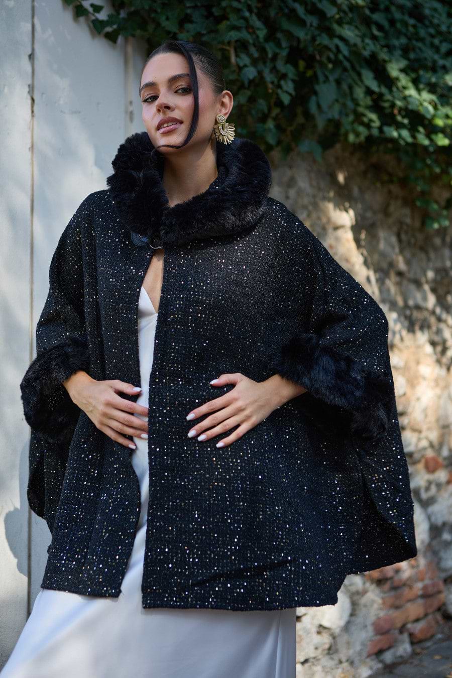 Sequin Kimono Faux Fur Hood - Black