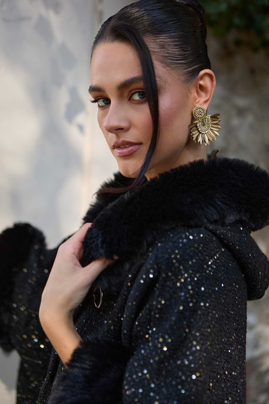 Sequin Kimono Faux Fur Hood - Black