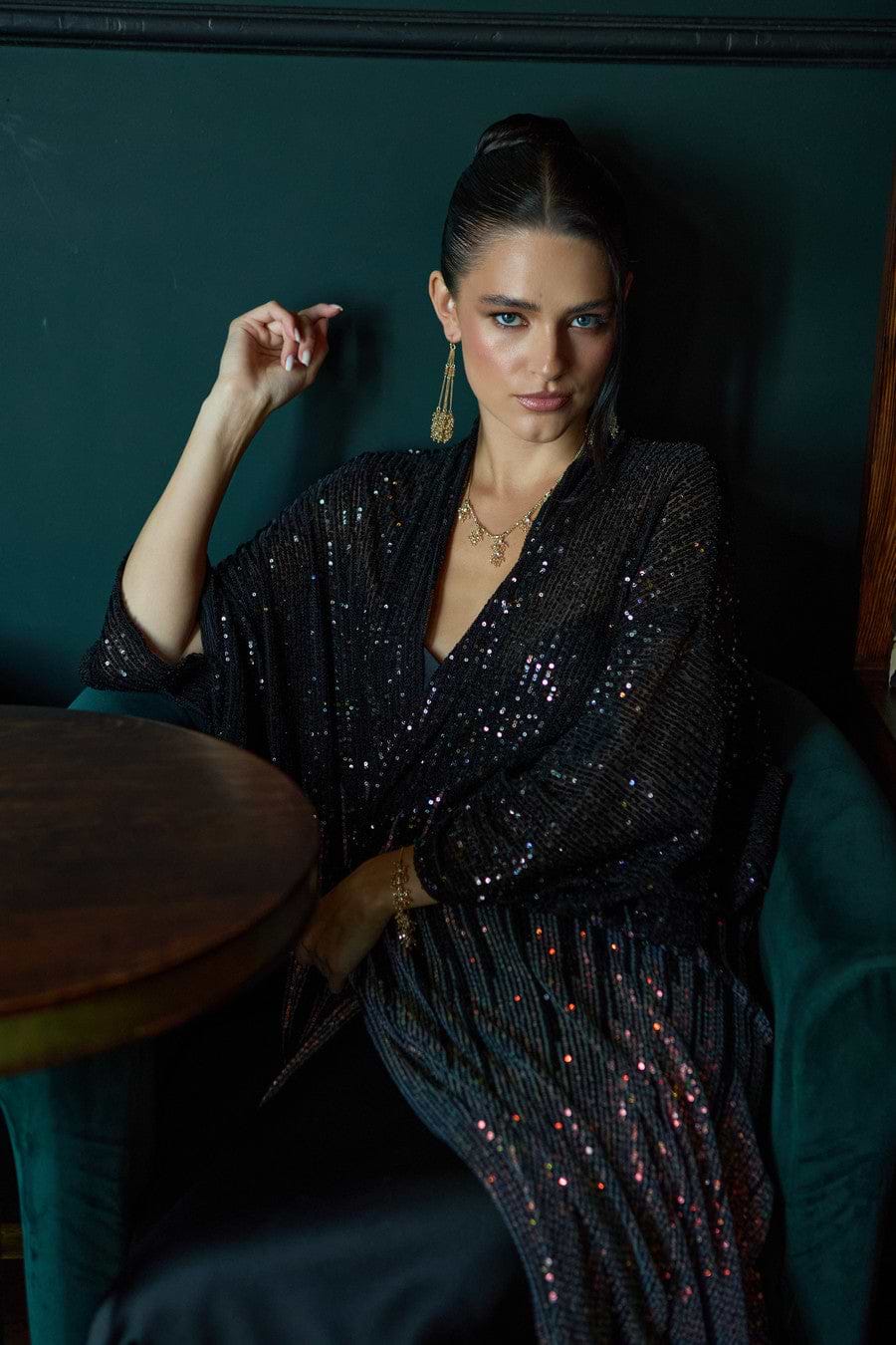Sequin Kimono Duster Formal - Black