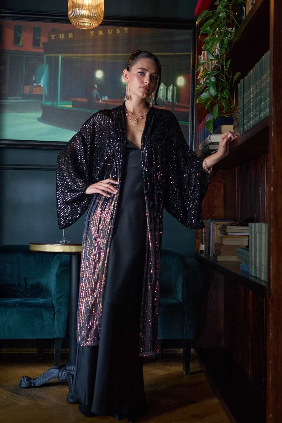 Sequin Kimono Duster Formal - Black