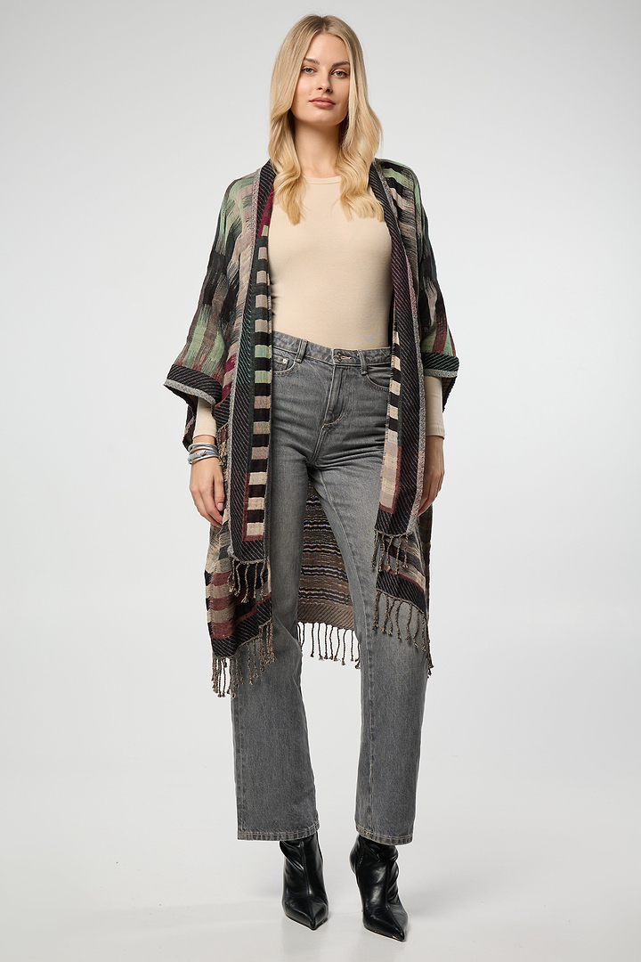 Cotton Retro Striped Fringe Long Jacket - Gray
