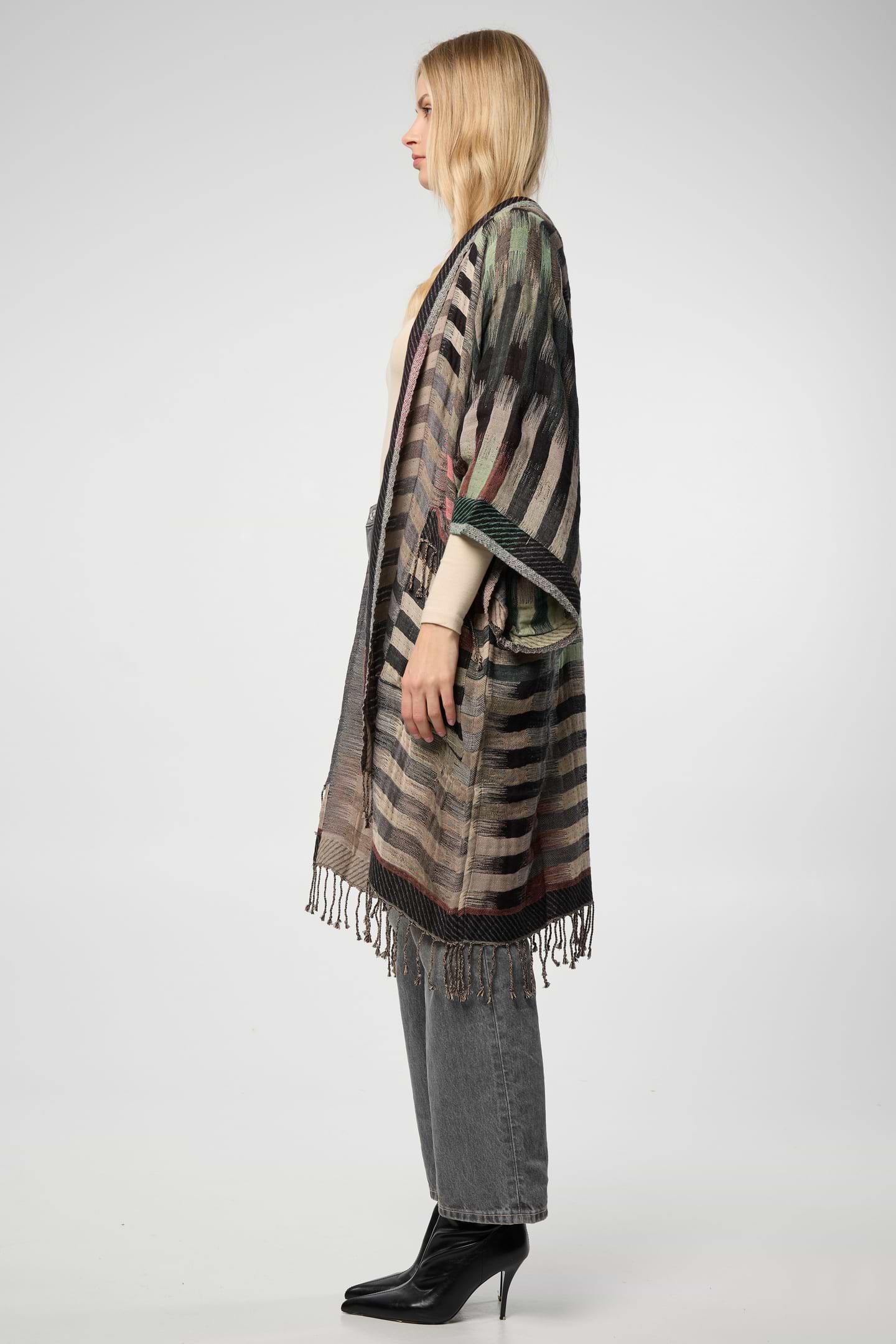 Cotton Retro Striped Fringe Long Jacket - Gray
