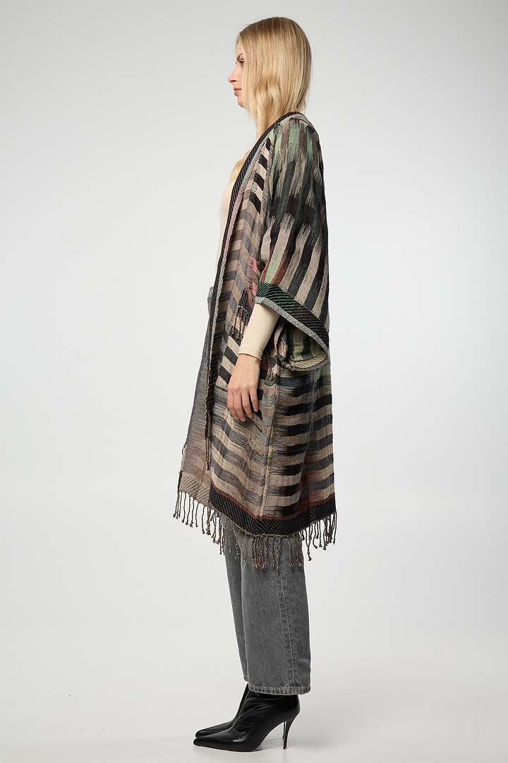 Cotton Retro Striped Fringe Long Jacket - Gray
