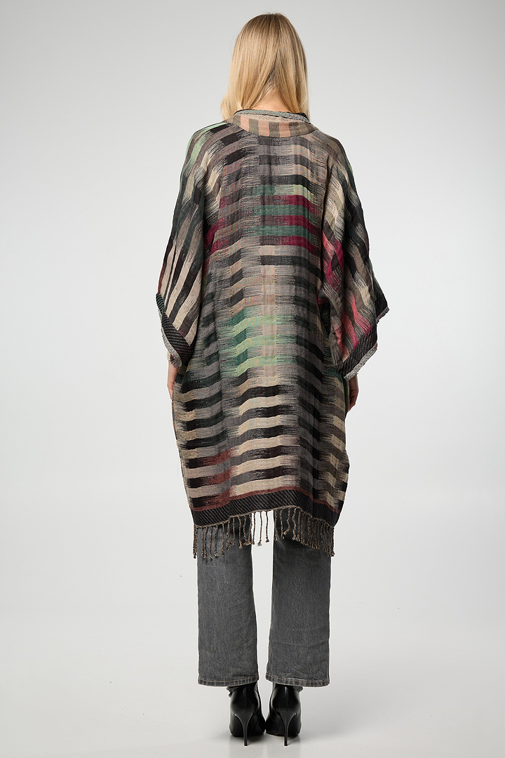 Cotton Retro Striped Fringe Long Jacket - Gray